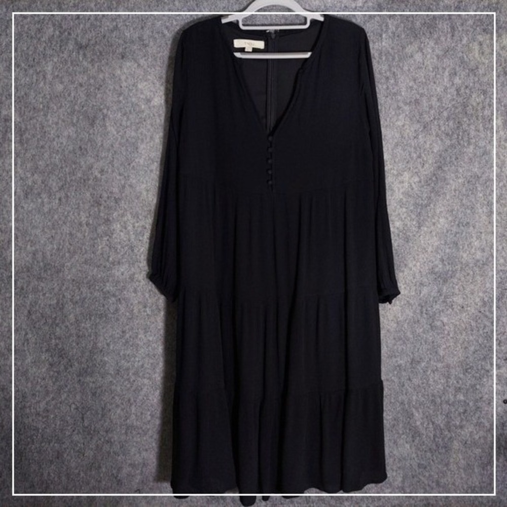 Loft Ann Taylor Dress S Midi Crepe Crinkle Slab Peasant Sleeve Button Black